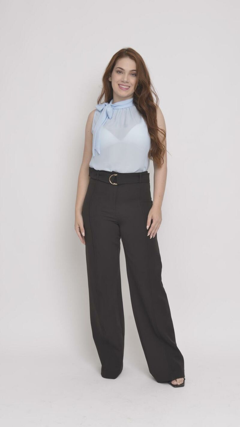 Imagem de Calça Preta Reta de Alfaiataria com Cinto Integrado e Vinco Frontal - Sofisticação e Estilo para Looks Modernos